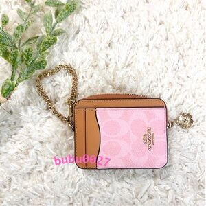 NWT🌸Coach Zip Card Case In Signature Canvas With Flower Charm Powder Pink CEC50